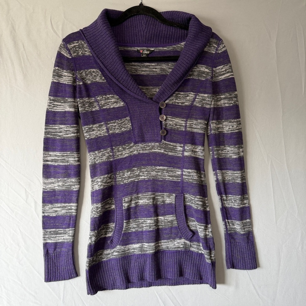 Guess Womens Size Small Striped Pullover Sweater Cotton Purple Y2K Style Ribbed